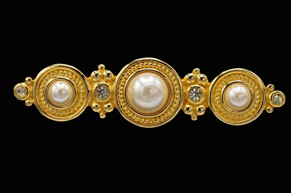 Christian Dior Vintage Pearl Crystal Bar Pin Brooch Rhinestone Signed 1980s BinJ